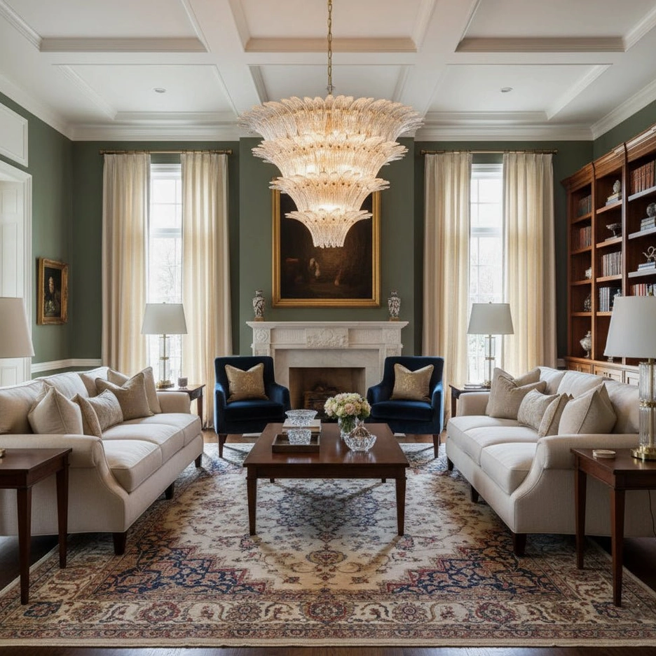 Palazzo modern crystal chandelier suspended in grand living room with fireplace, showcasing luxury lighting design