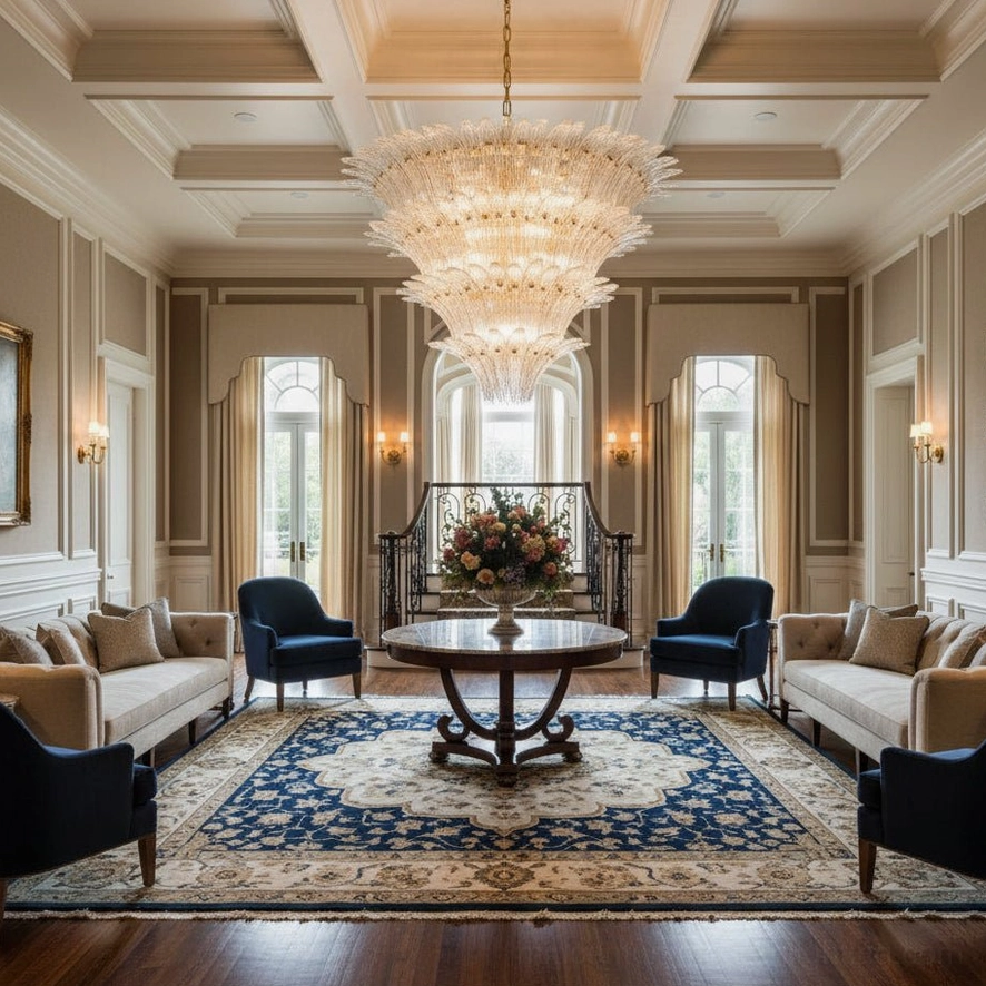Palazzo tiered crystal chandelier in upscale lounge setting above round table with neutral interior design