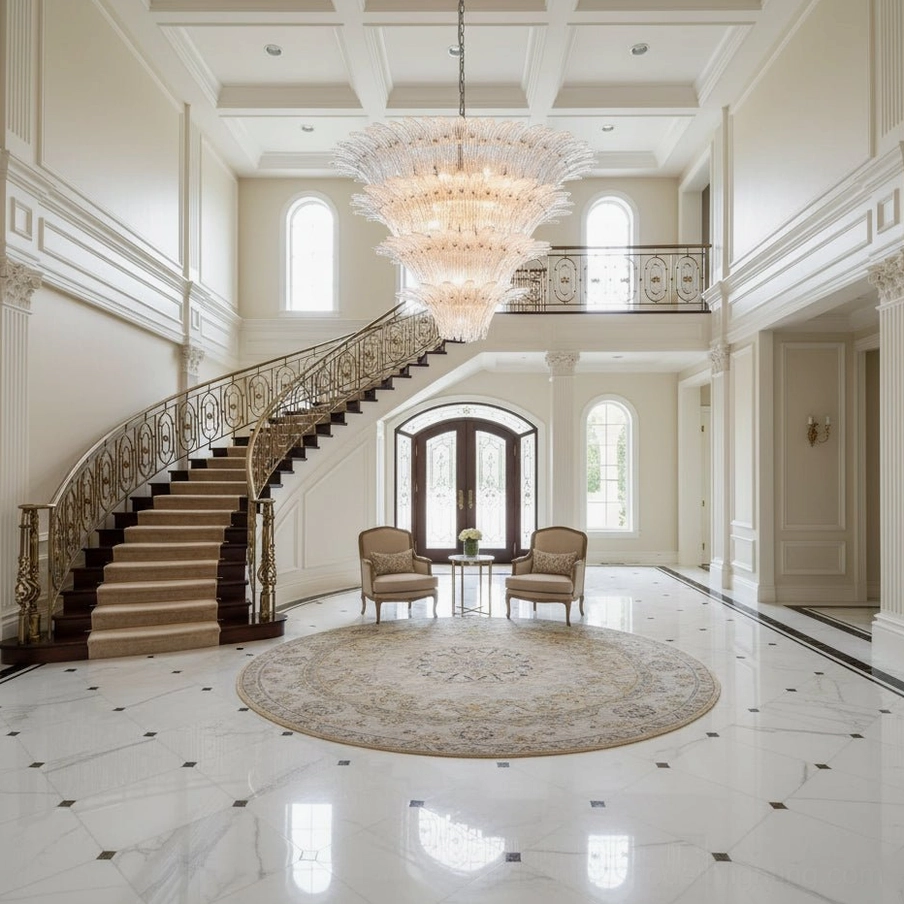 Palazzo crystal chandelier in modern foyer with marble double staircase and minimalist neoclassical architecture