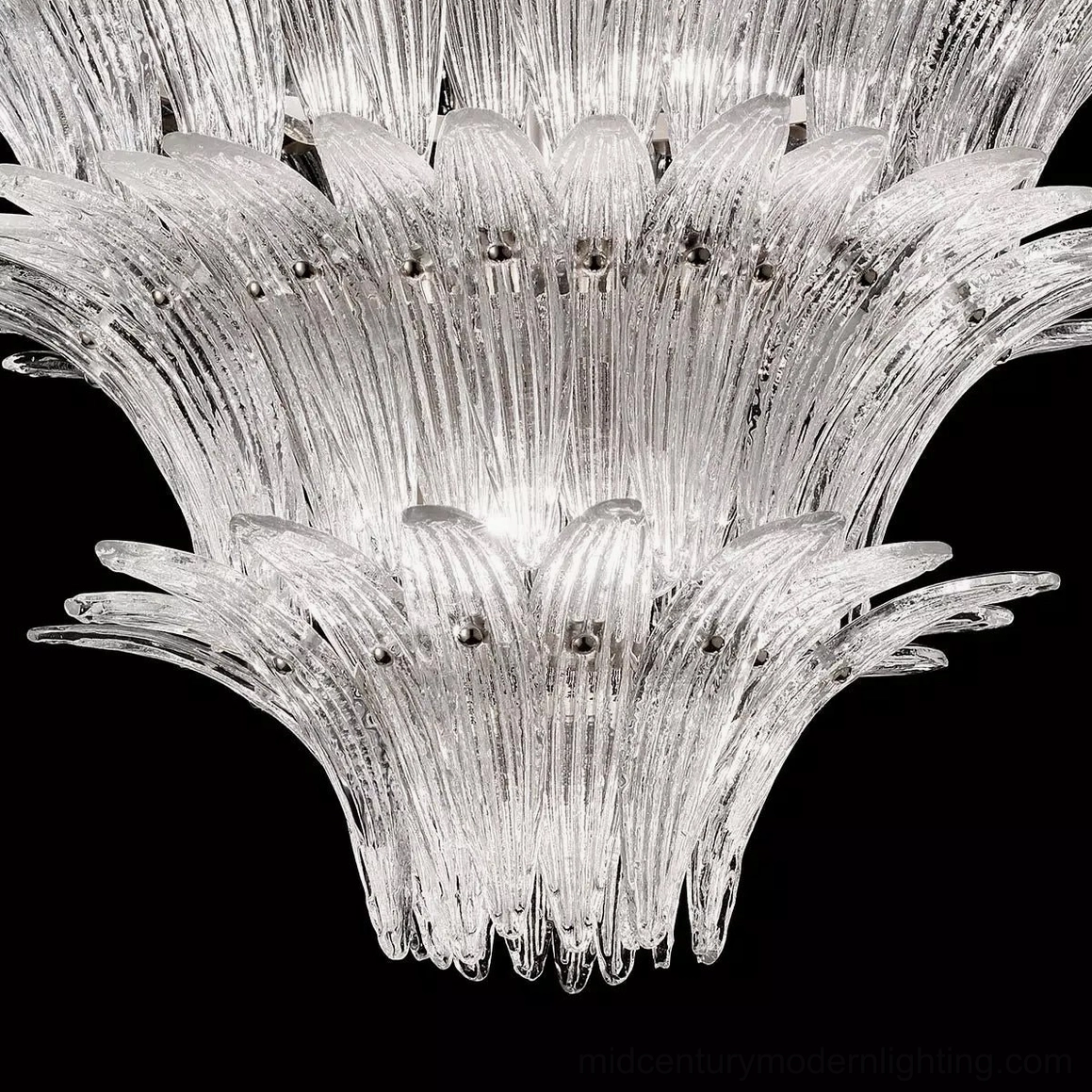 Palazzo tiered crystal chandelier with chrome metal frame and cascading glass tiers, professional product photography