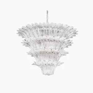 Palazzo luxury crystal tiered chandelier with cascading fluted glass tiers and chrome metal frame, front studio view on white background