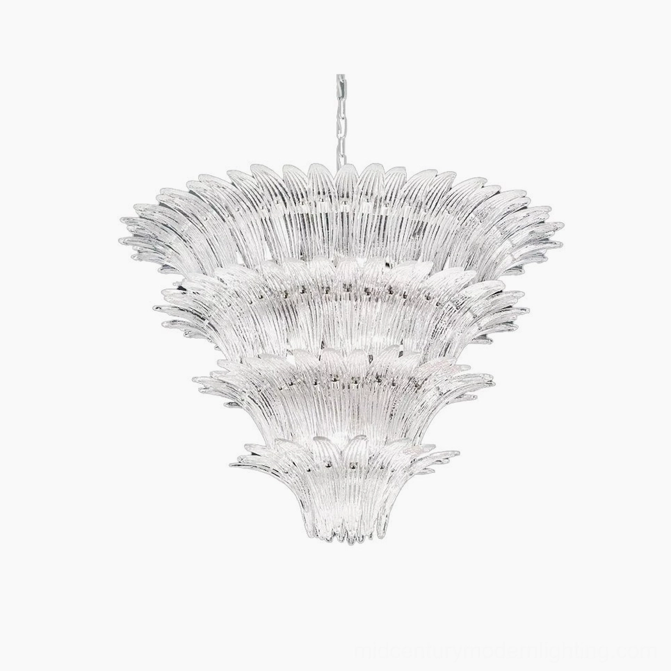 Palazzo luxury crystal tiered chandelier with cascading fluted glass tiers and chrome metal frame, front studio view on white background