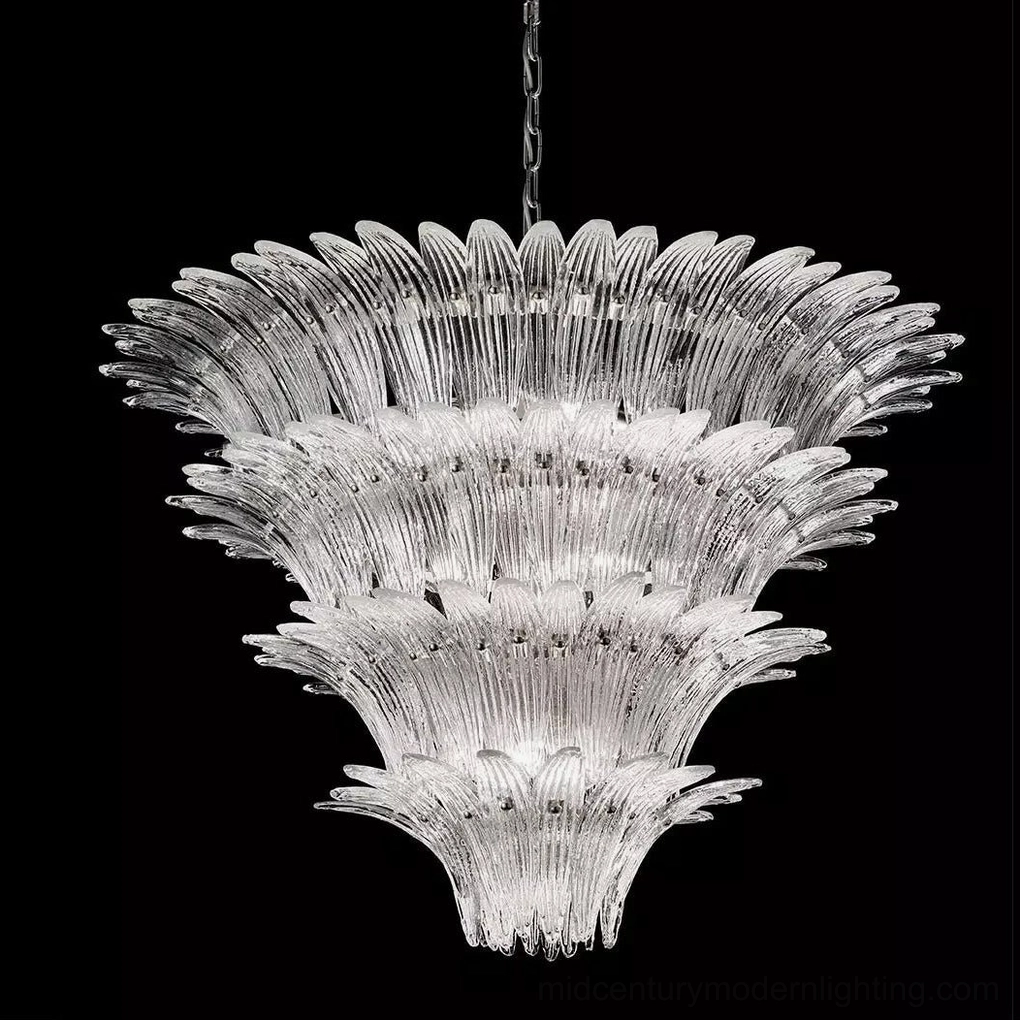 Palazzo luxury crystal tiered chandelier with fluted glass petals, black background studio photography