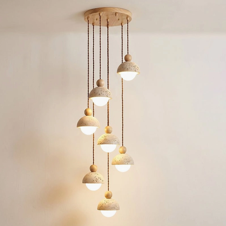 Palermo 15-head travertine chandelier mid-size installation foyer view