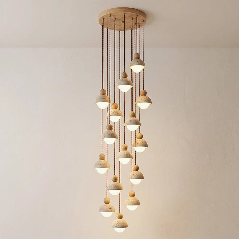 Palermo 15-head travertine pendant chandelier with walnut finish foyer installation