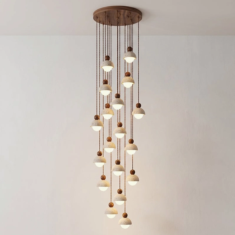 Palermo 18-head multi-light pendant with walnut wood finish cluster view