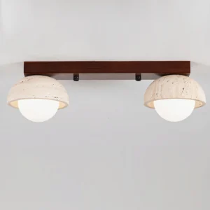 Palermo 2-head pendant fixture featuring frosted glass globes and natural travertine stone dome caps