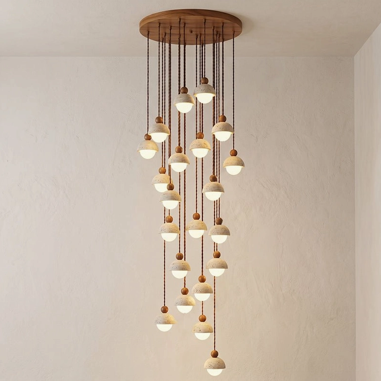 Palermo 21-head multi-pendant chandelier with natural wood and walnut finish detail