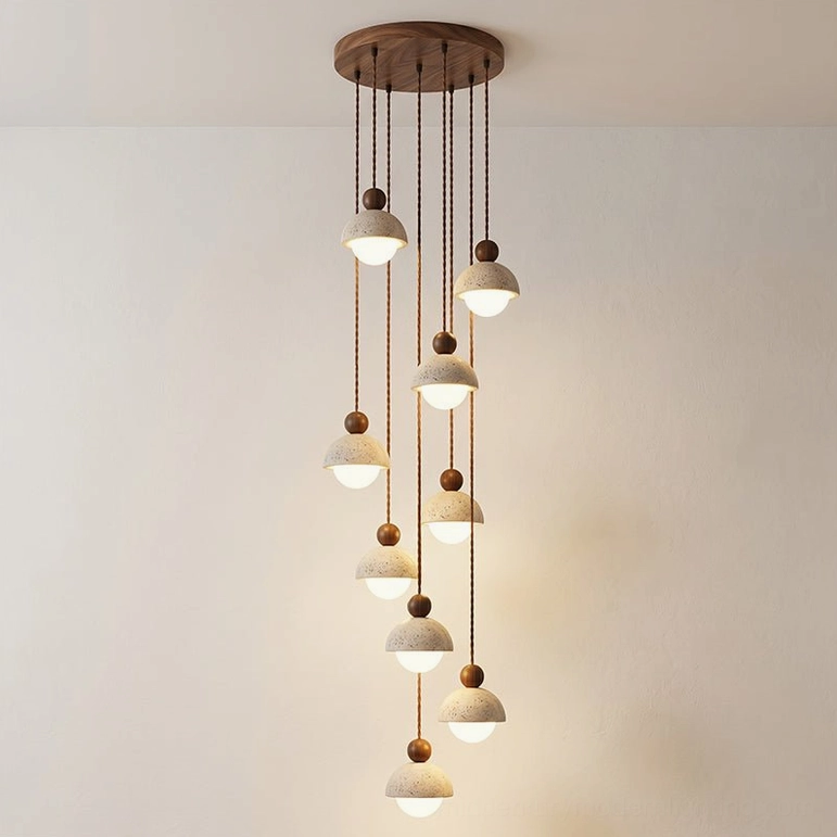 Palermo 9-head multi-pendant light cluster showing natural wood and walnut finishes