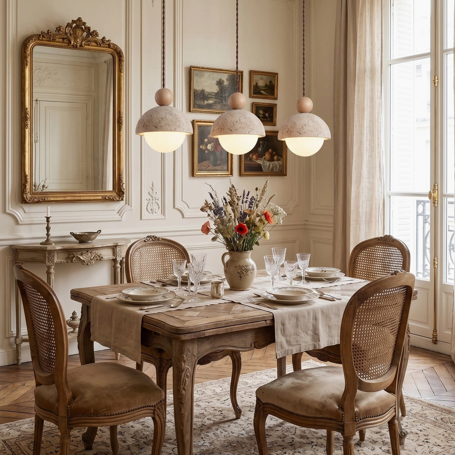 Palermo pendant lights in French country dining room with gold mirror and rattan seating