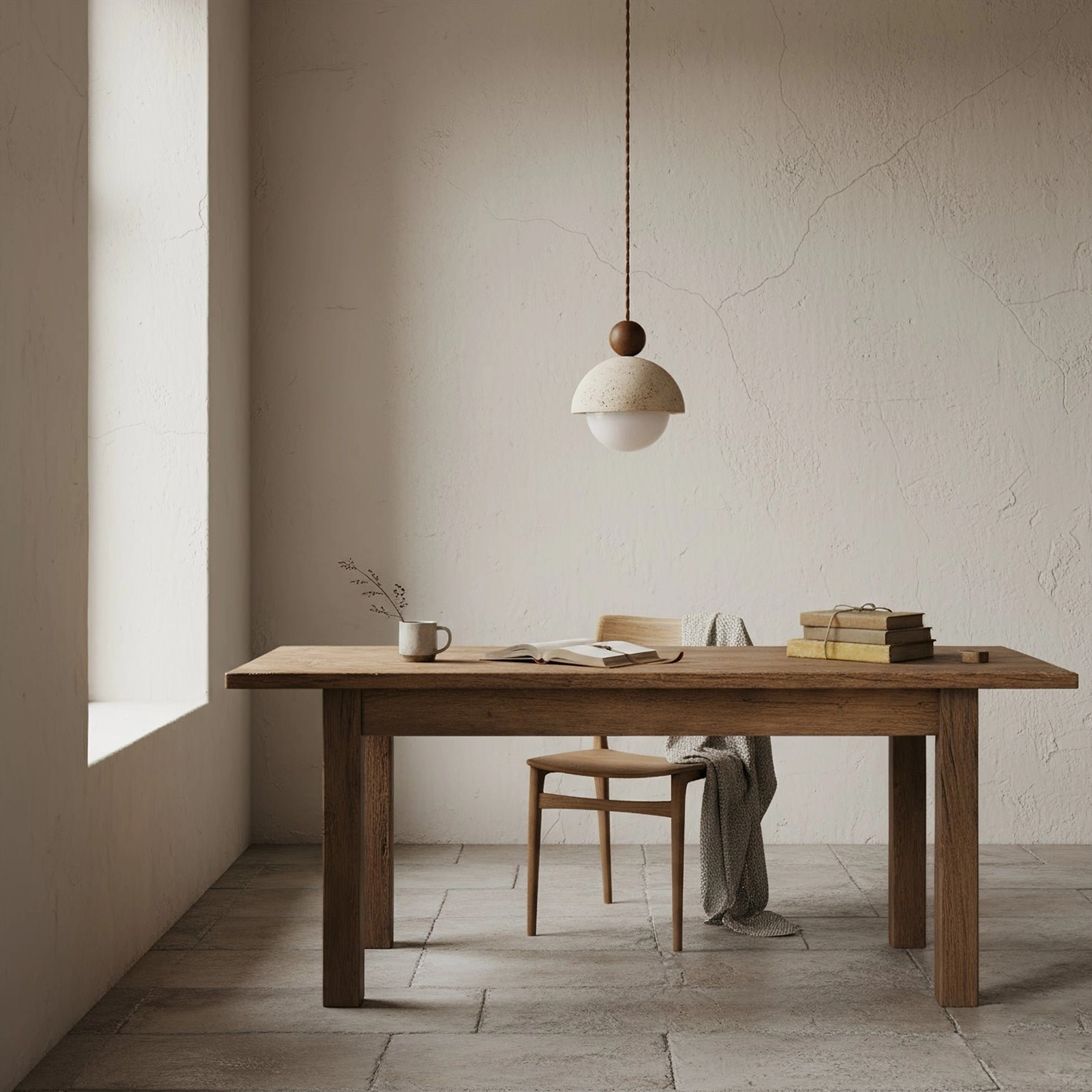 Palermo pendant light with hand-wrapped suspension cord and wooden accent collar detail