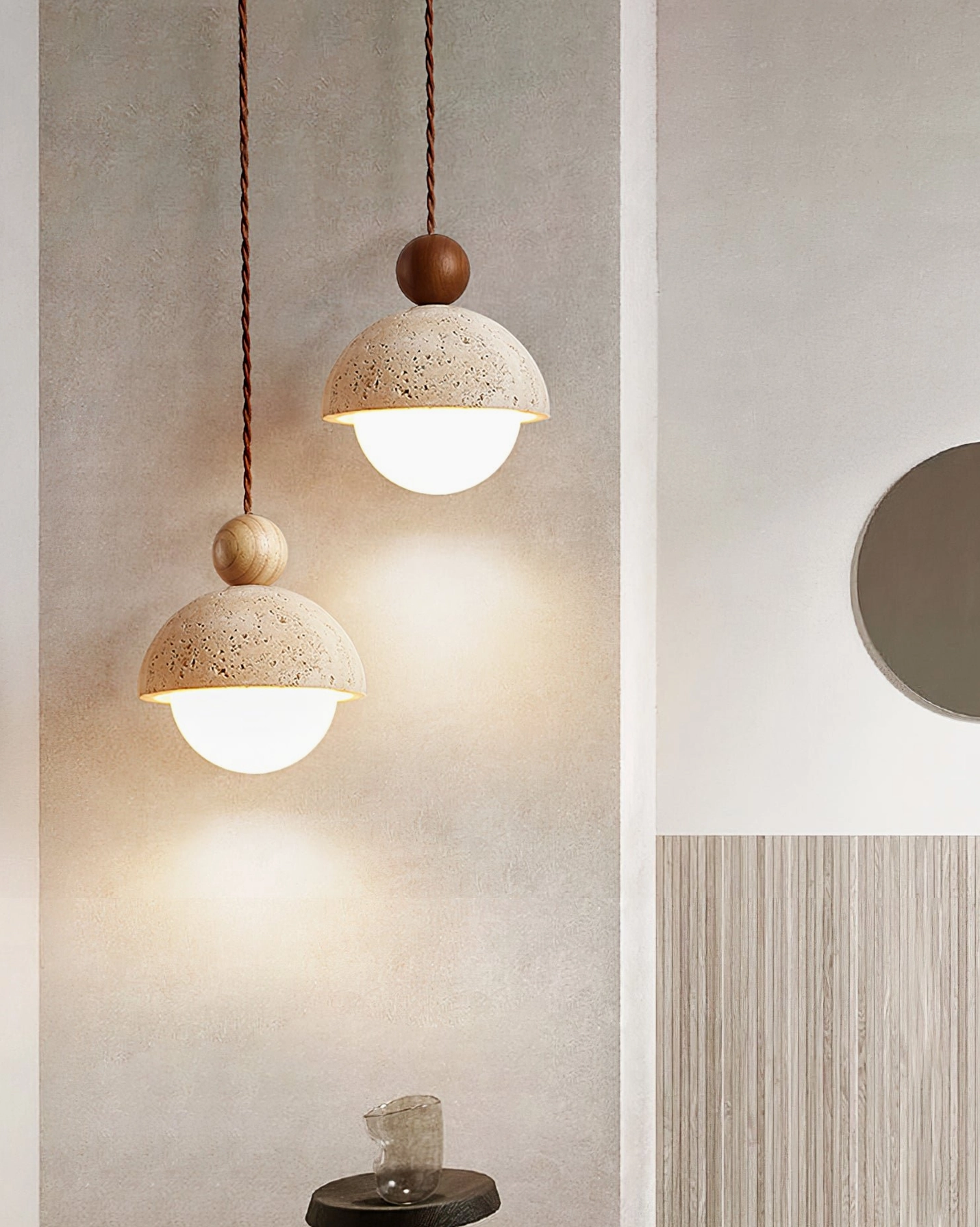 Palermo travertine pendant bottom view showing glass globe and fixture mounting