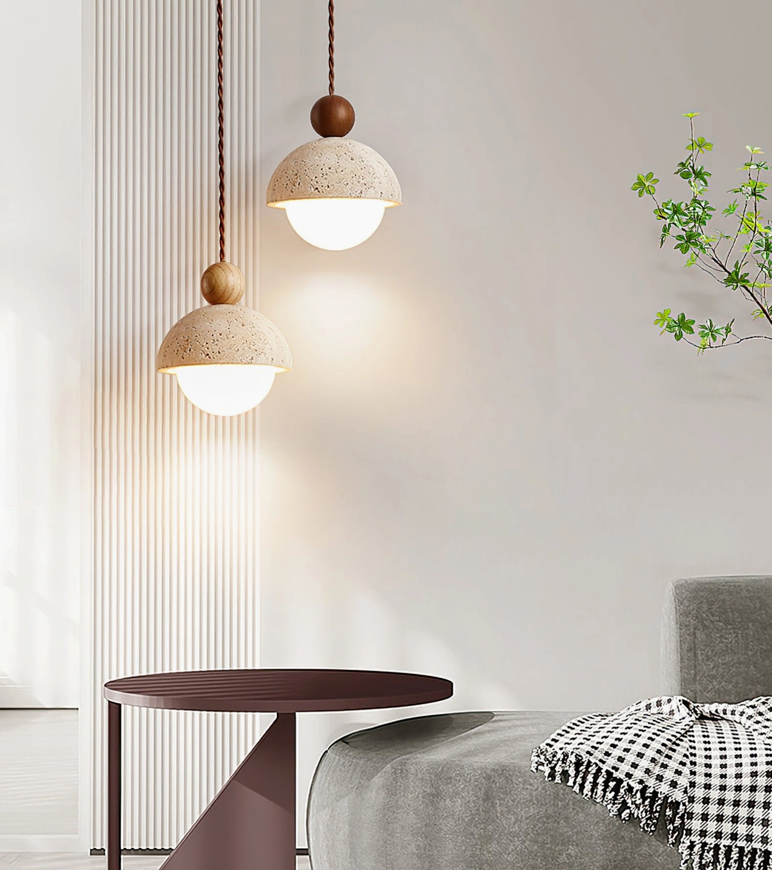 Palermo travertine pendant suspended at night showing natural light amber tone
