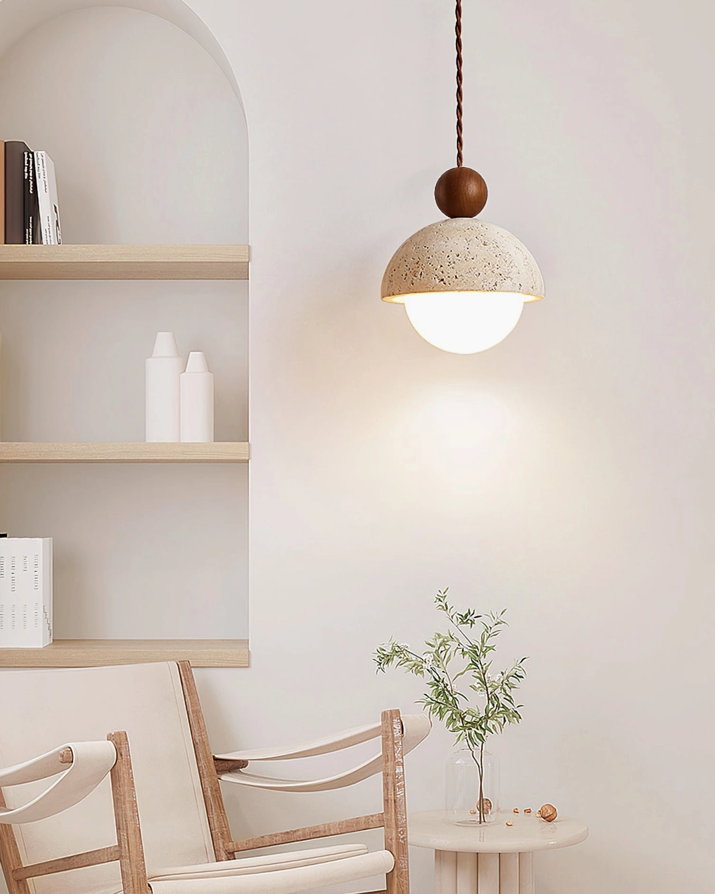 Palermo pendant light angled side view showing travertine dome and wood collar detail