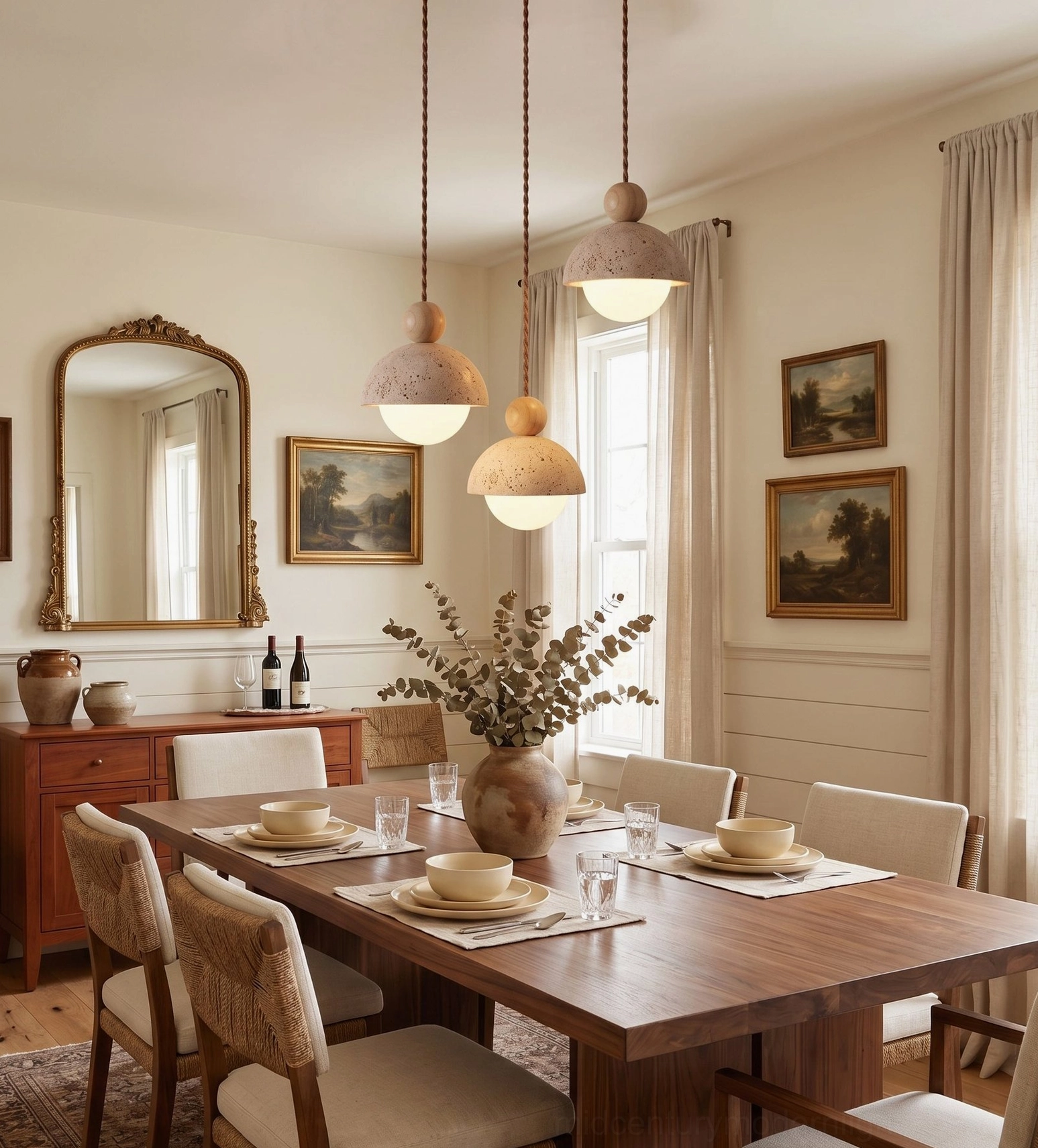 Two Palermo travertine pendants creating warm glow in cozy French country dining nook