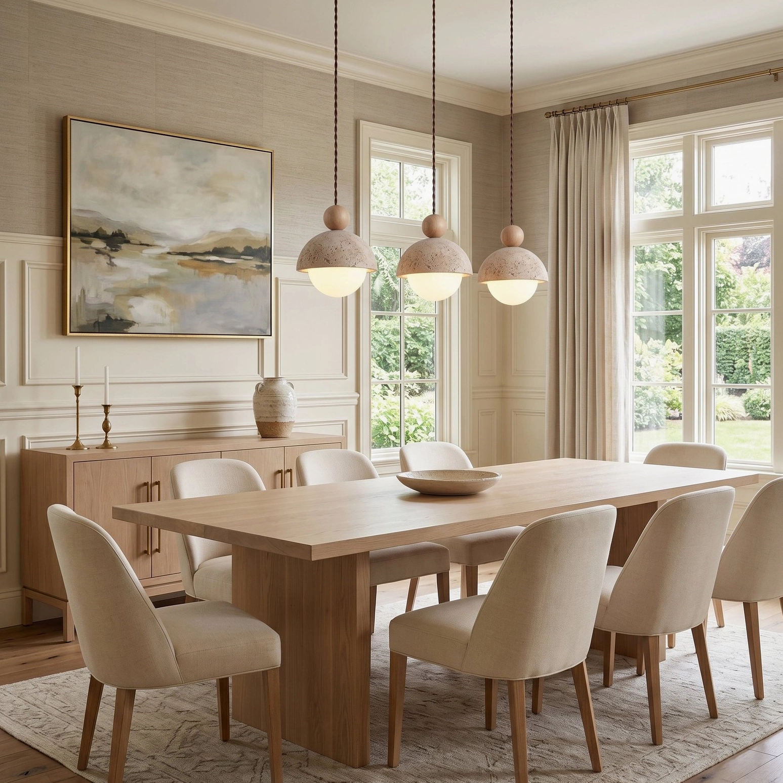 Cluster of Palermo travertine pendants in minimalist dining room with modern furniture