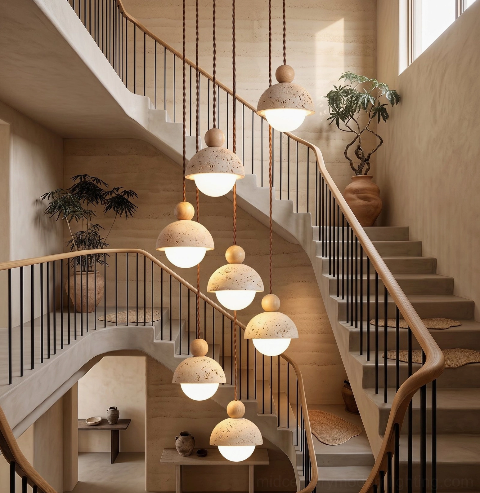 Palermo multi-pendant arrangement in modern duplex stairwell with warm rustic styling