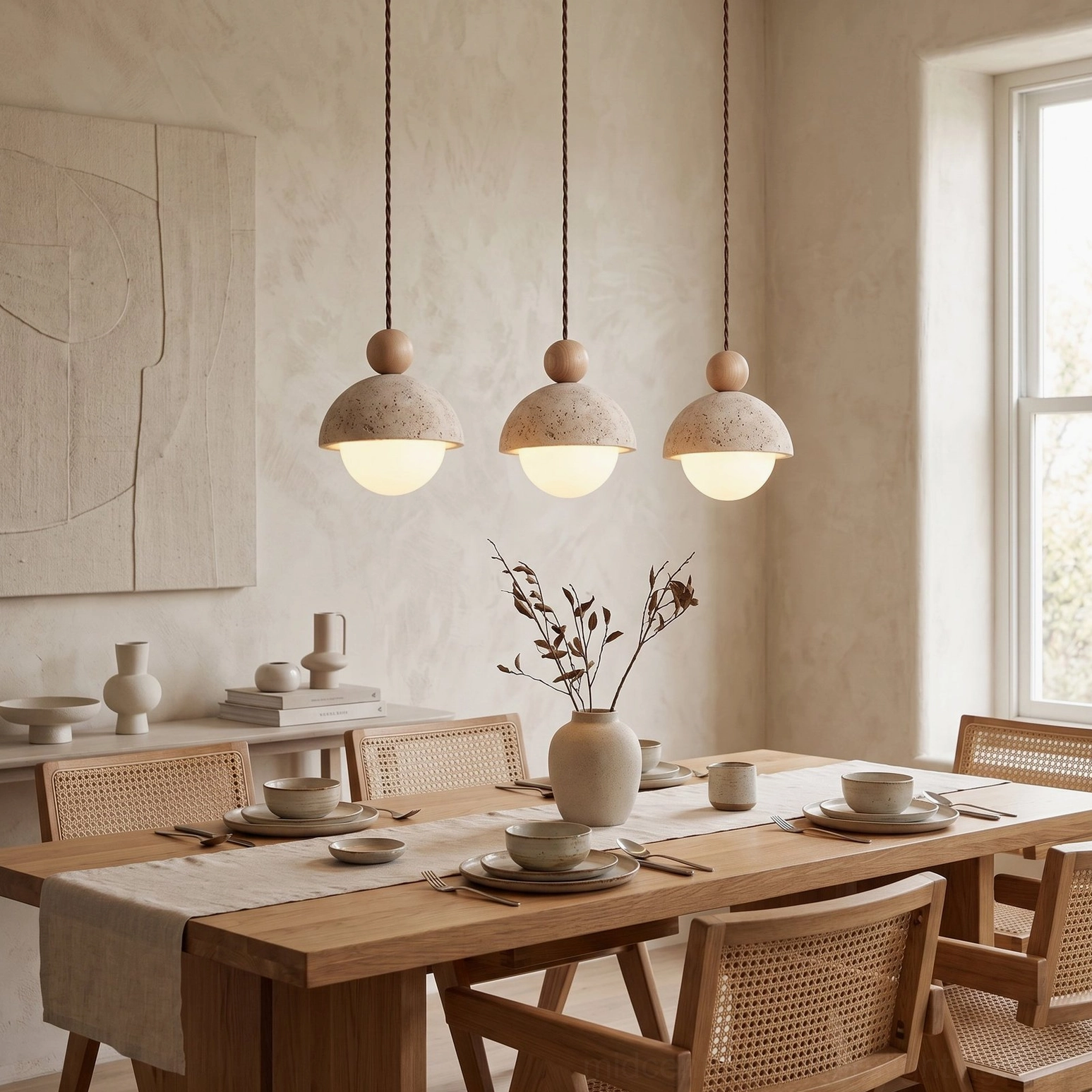Three-light Palermo pendant cluster above dining table in rustic farmhouse dining room