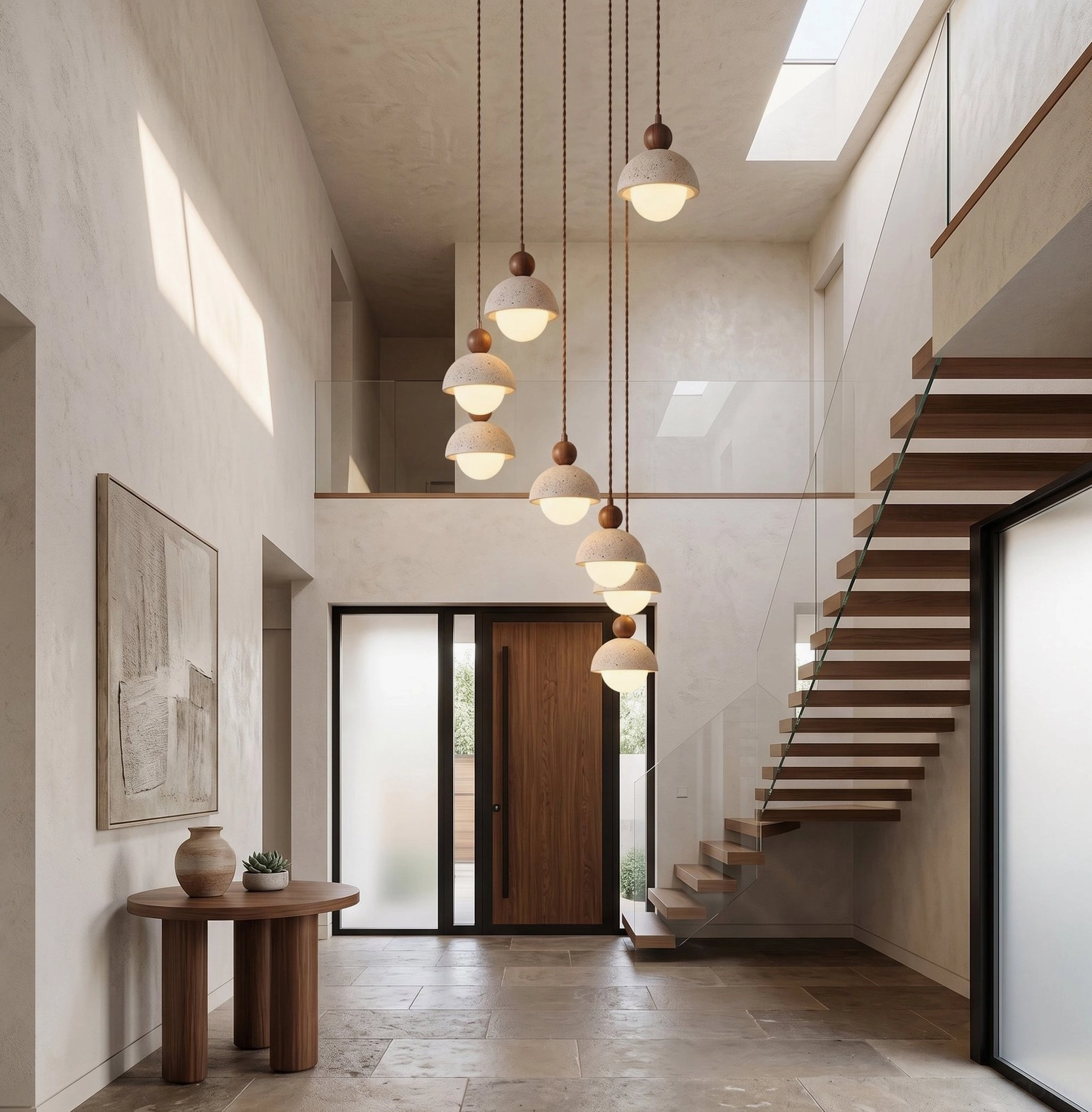 Palermo travertine pendant light component details showing stone texture and wood collar