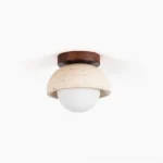 Palermo travertine ceiling light flush mount with walnut wood base and stone dome on white background