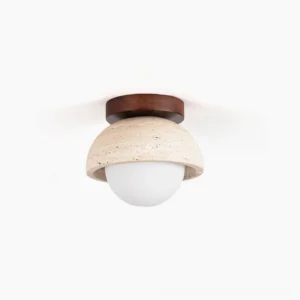 Palermo travertine ceiling light flush mount with walnut wood base and stone dome on white background