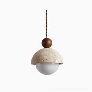 Palermo travertine pendant light with glass globe and wooden accent, direct studio view