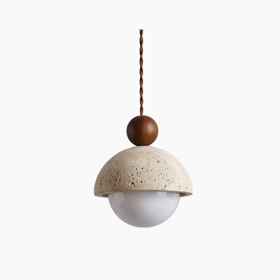 Palermo travertine pendant light with glass globe and wooden accent, direct studio view