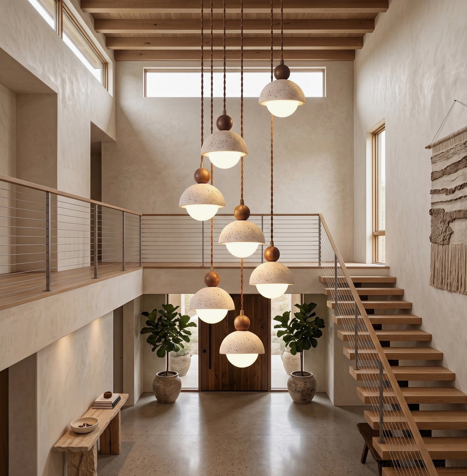 Staggered Palermo pendant lights illuminating double-height foyer staircase landing