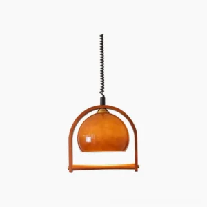 Pallade mid-century pendant lamp with walnut wood frame and amber glass shade, front view showcase