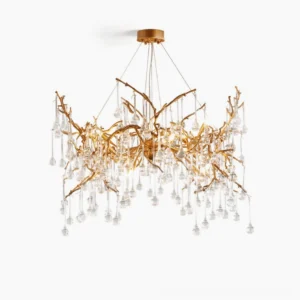 Palwa branch chandelier overhead view white background luxury rustic design hand-finished brass