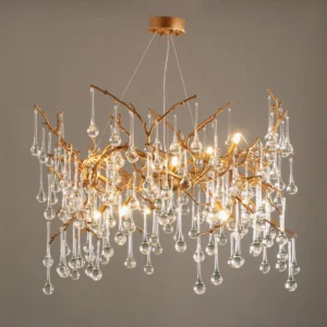 Palwa crystal branch chandelier lit warm light dense glass pendants gray wall