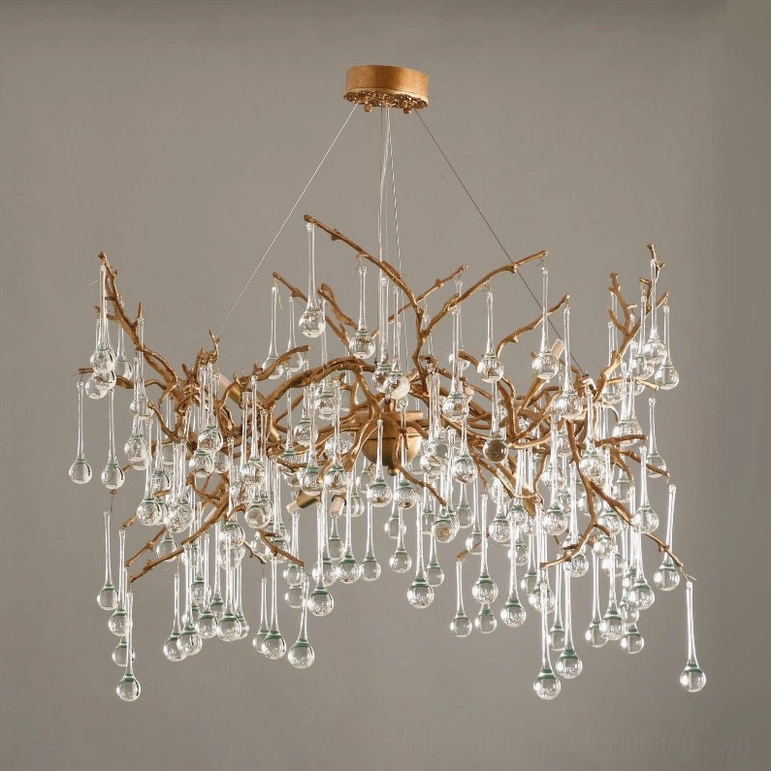 Palwa branch crystal chandelier front overhead view gray background sparser pendants warm lighting