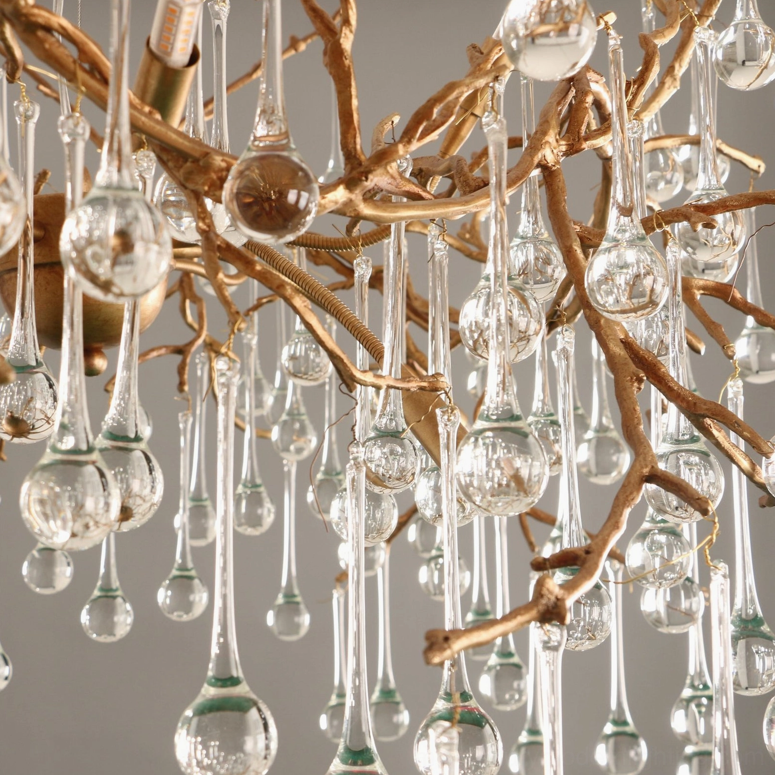 Palwa chandelier glass pendants various colors with green bases close-up detail