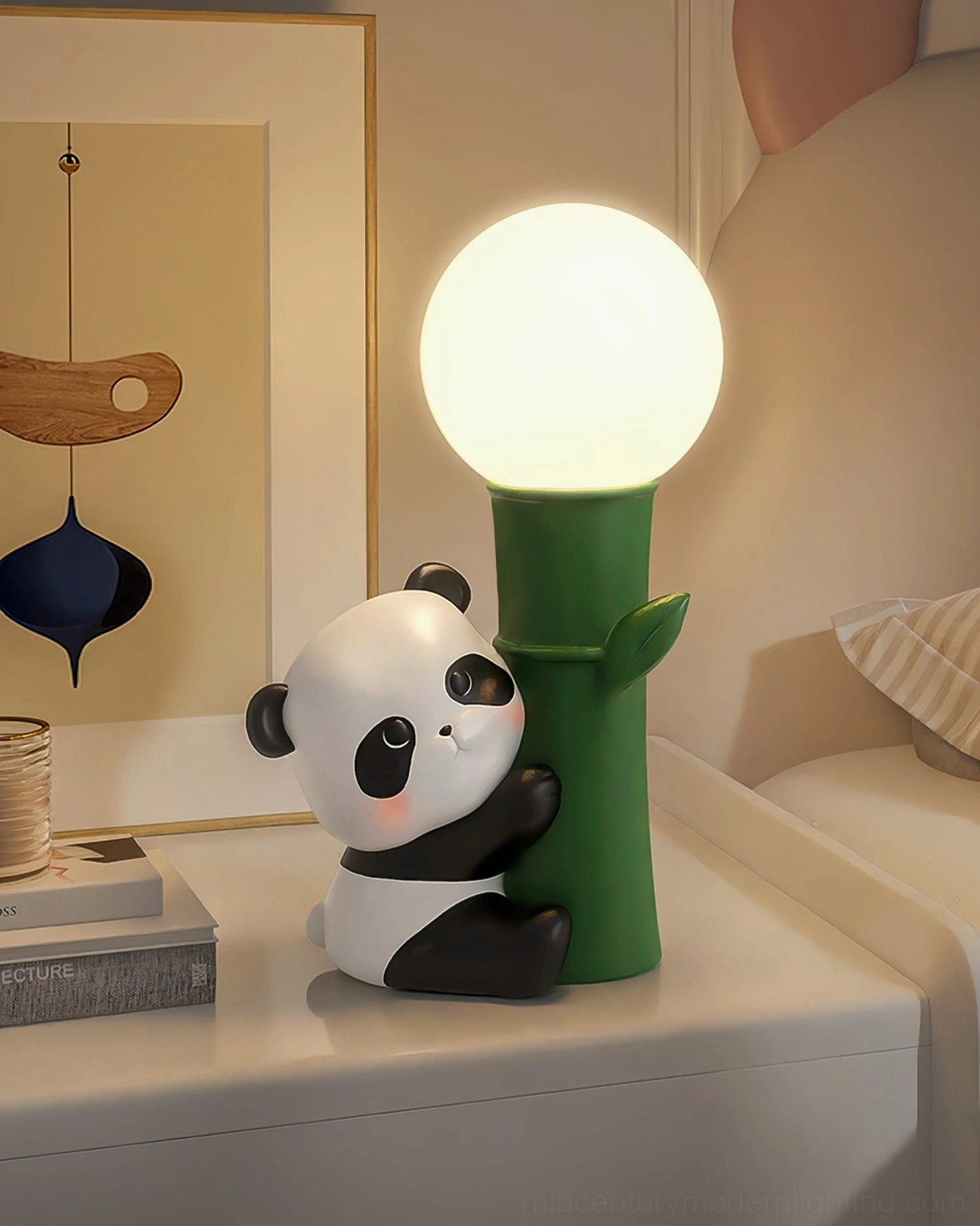 Panda Bamboo Table Lamp on bedroom bedside shelf with wall art and stacked books