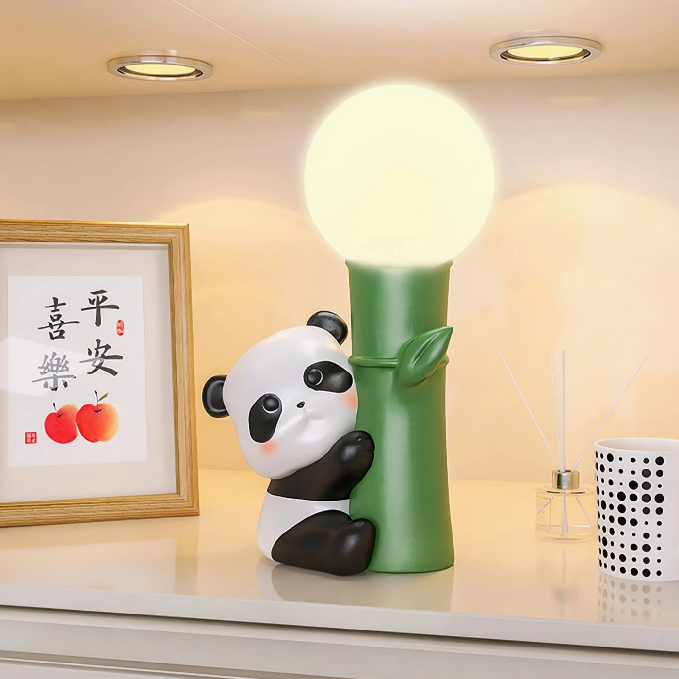 Panda Bamboo Table Lamp on console table with Asian art and cultural home decor