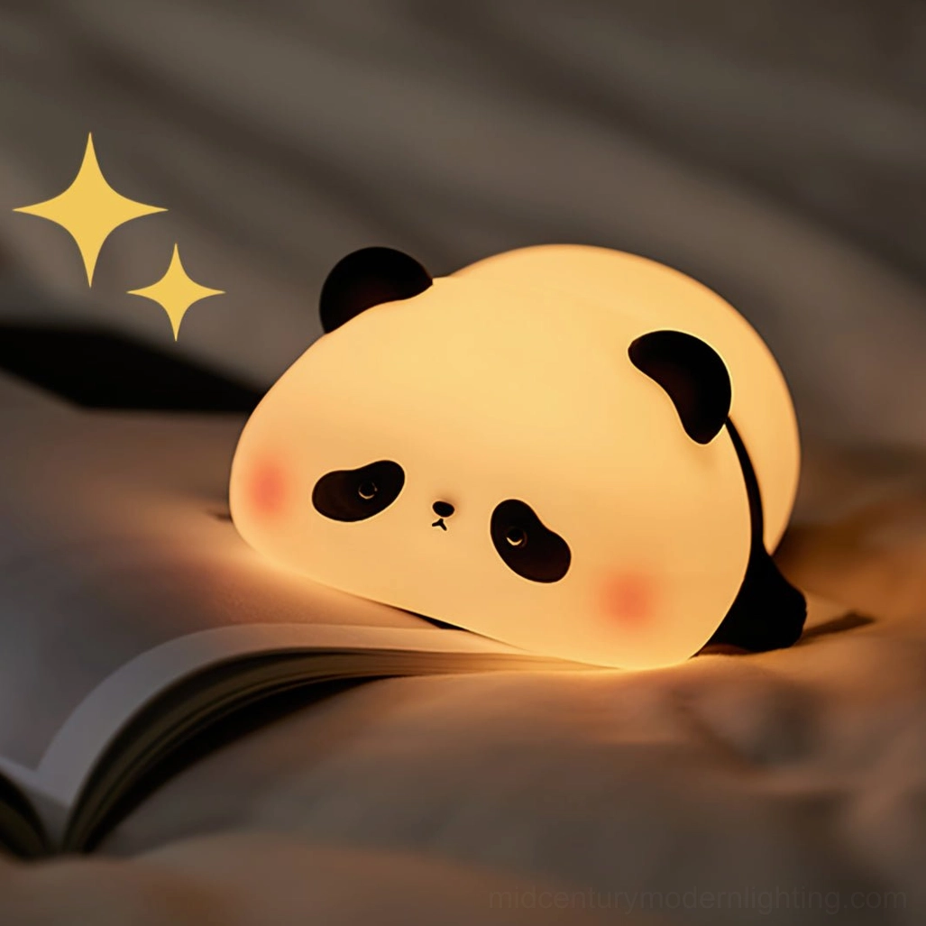 Panda silicone night light beside open book on bed with warm reading light glow