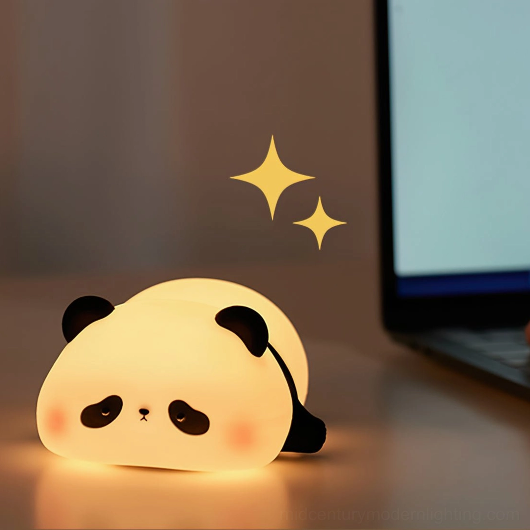 Panda cute night light on home office desk with laptop, compact silicone design