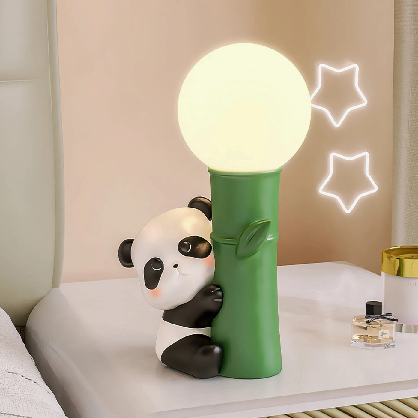 Panda Bamboo Table Lamp on bedroom vanity with neon wall art and minimalist styling