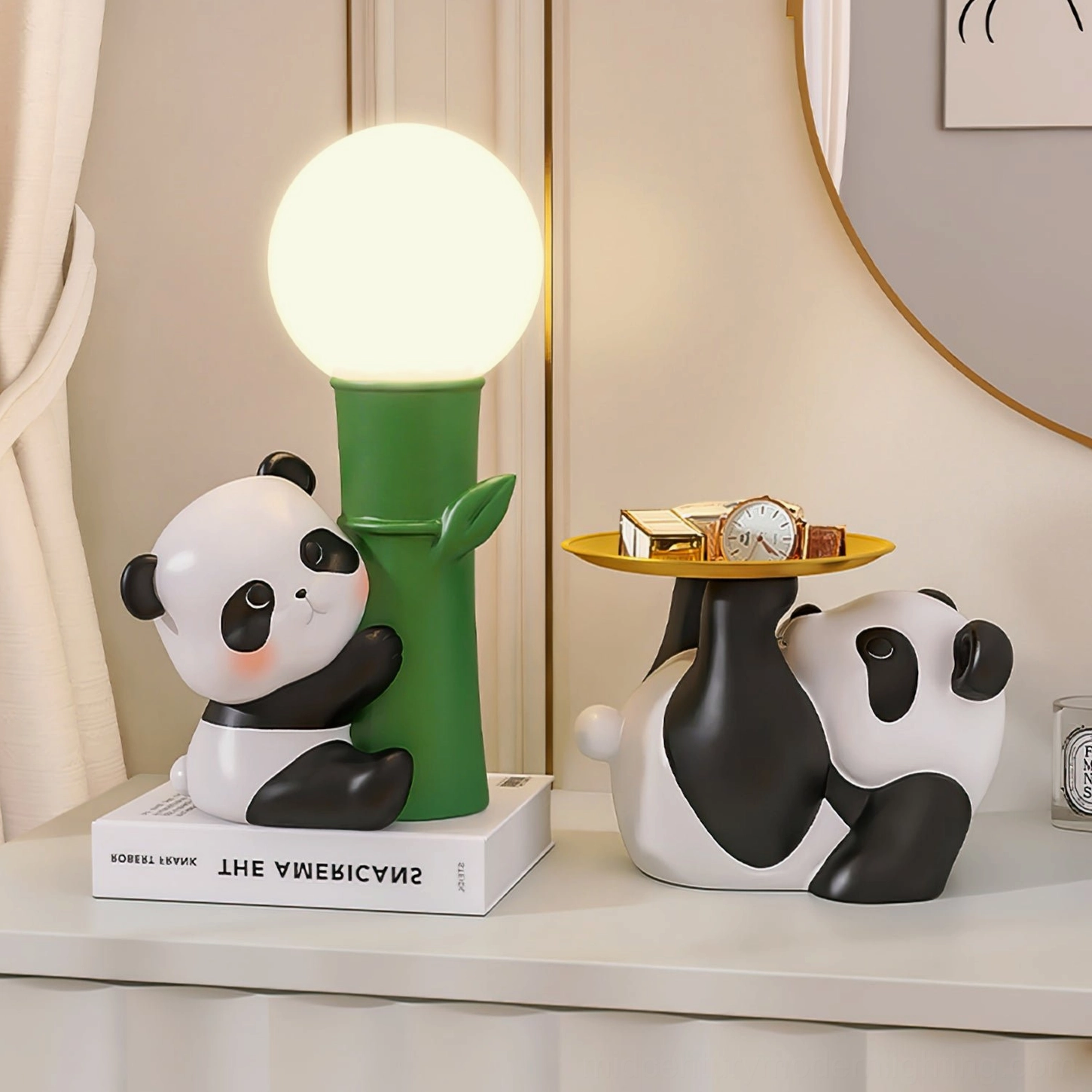 Panda Bamboo Table Lamp on entrance console table with matching panda figurine decor