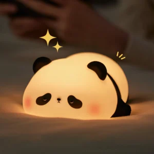 Panda table lamp glowing warmly on bedroom bed with cozy ambient lighting effect