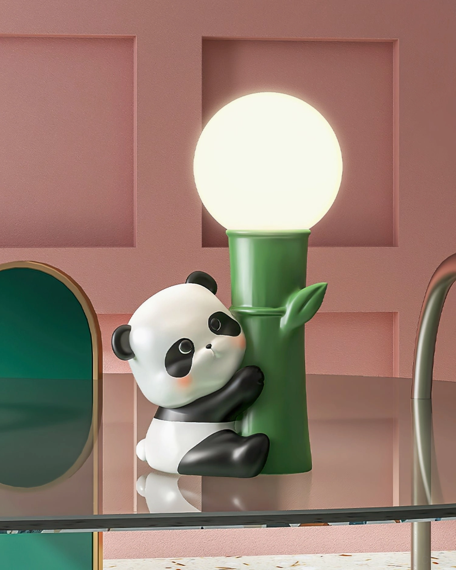 Panda Bamboo Table Lamp front low angle view on glass side table with pink accent wall