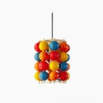 Panton ball pendant lamp front view with multicolor spherical shade and metal frame on white background