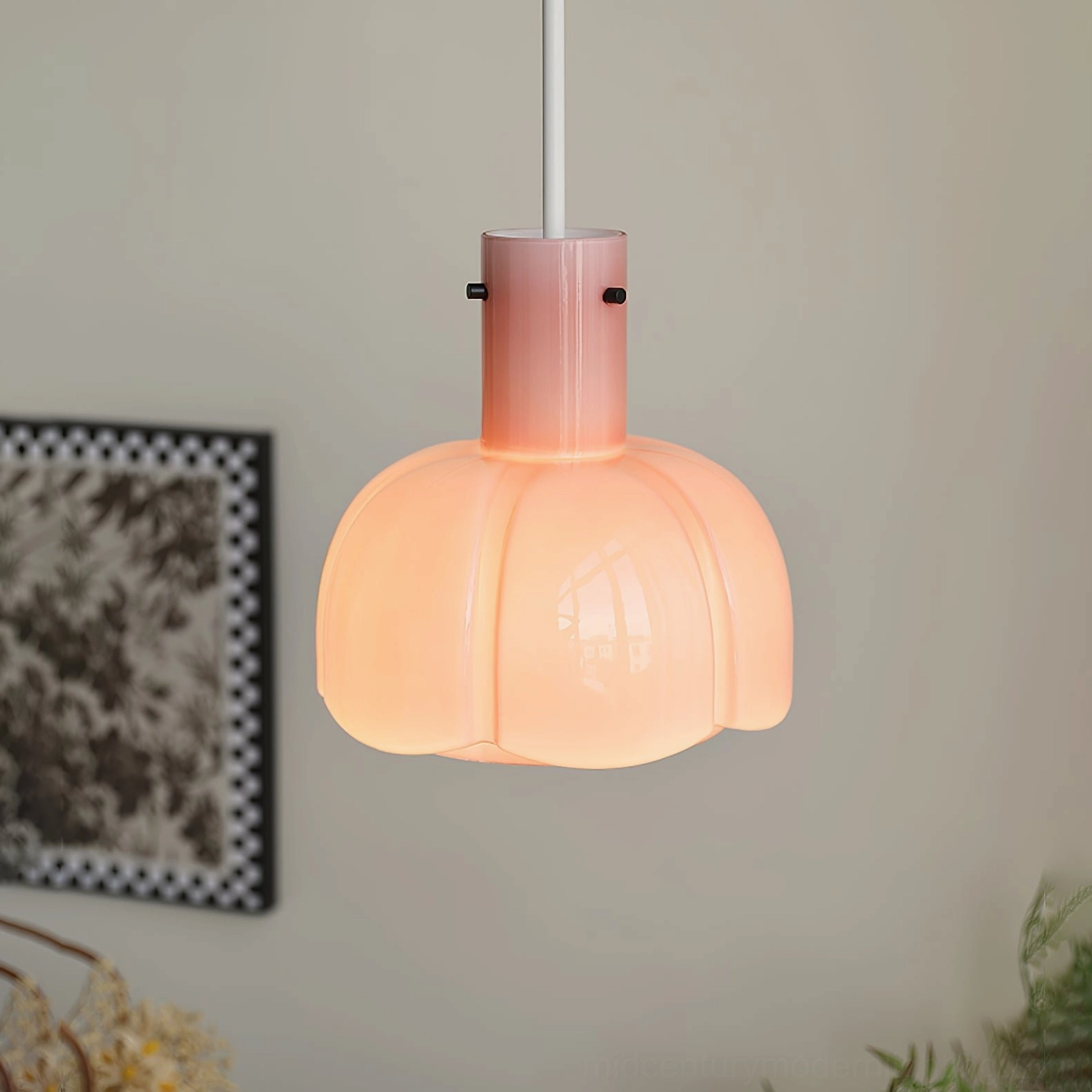Cream Paolina glass pendant light butcher block counter farmhouse industrial aesthetic