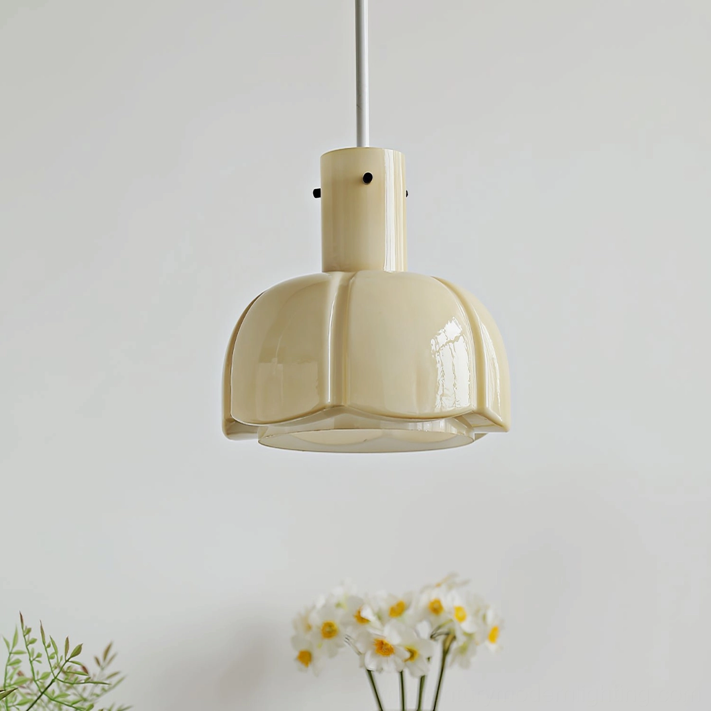 White Paolina glass pendant light in Scandinavian minimalist dining room interior design