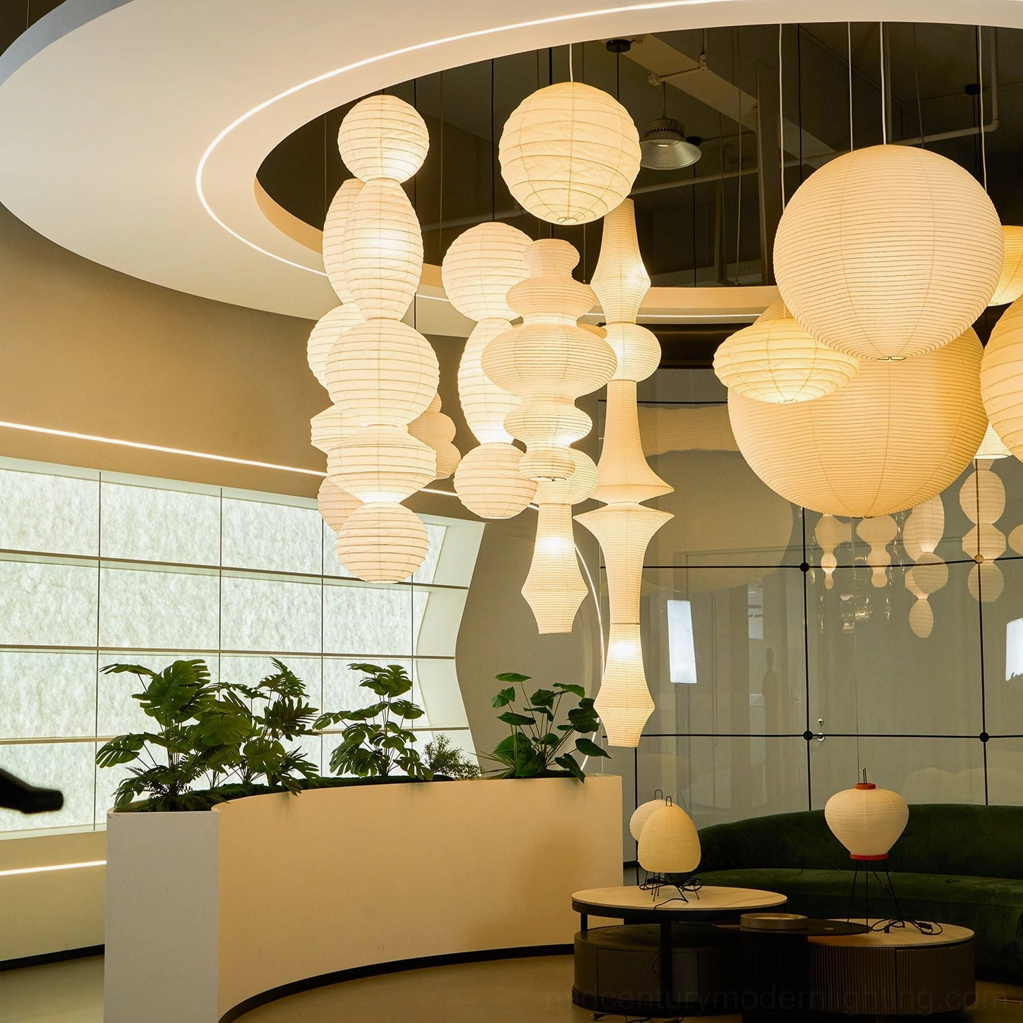 Mixed style paper pendant lanterns commercial lounge varied oval spherical warm glow
