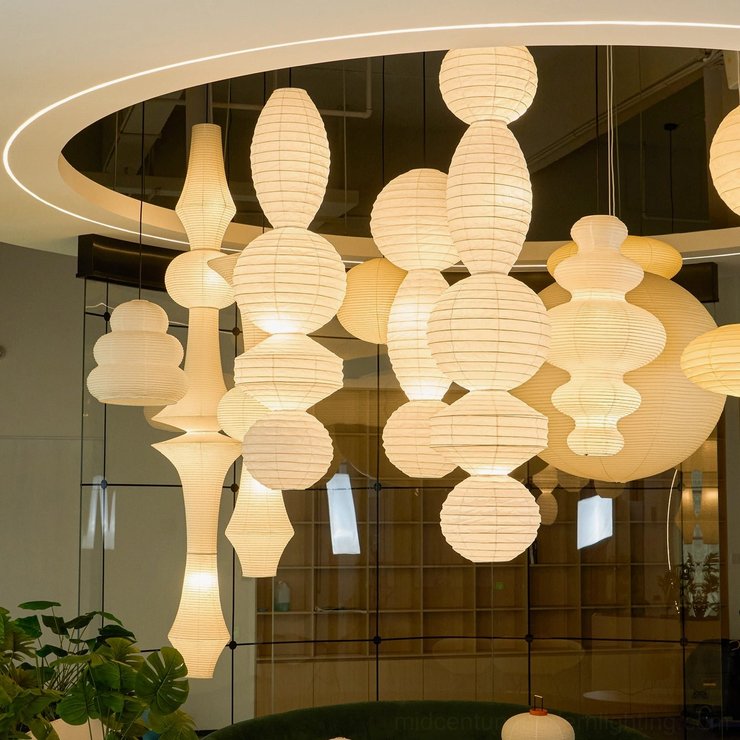 Paper pendant lamp cluster overhead lounge contemporary minimalist ambient design