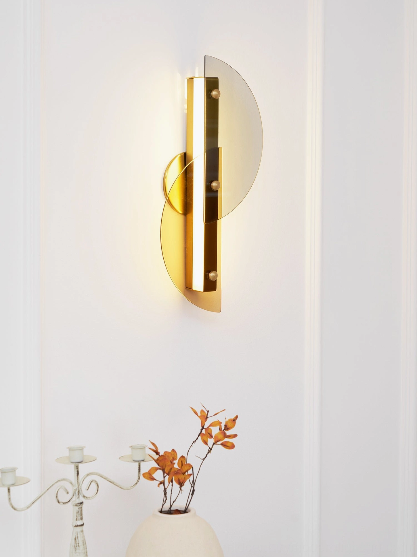 Papillon wall lamp architectural design brass metal frame tempered glass