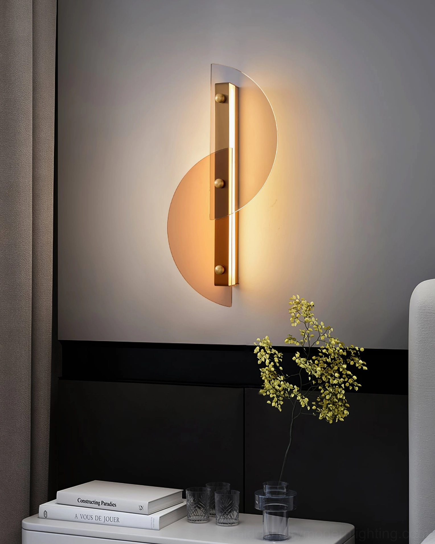 Papillon wall lamp bedroom accent wall warm amber acrylic brass metal detail