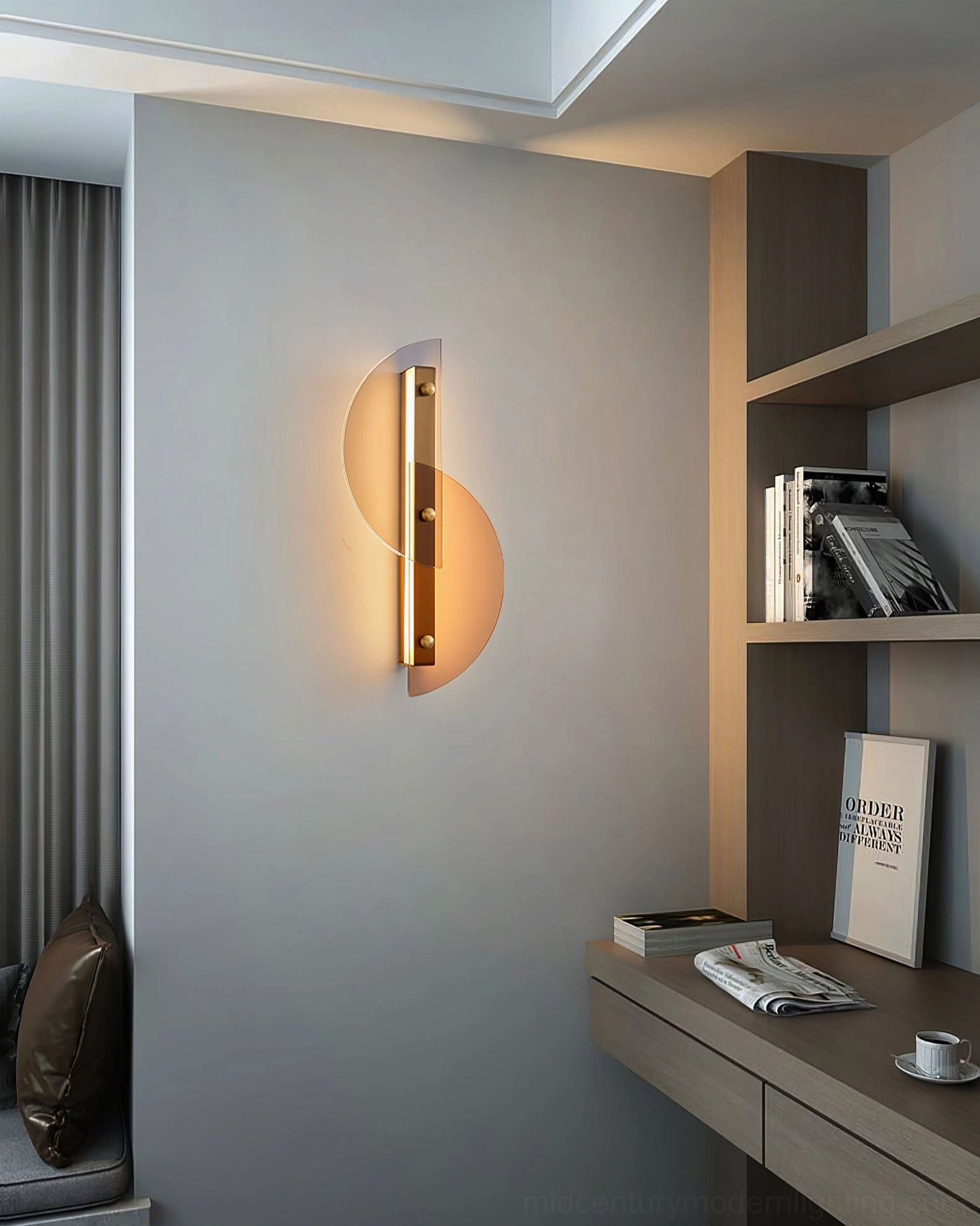 Papillon wall lamp minimalist console area dark metal frame amber acrylic