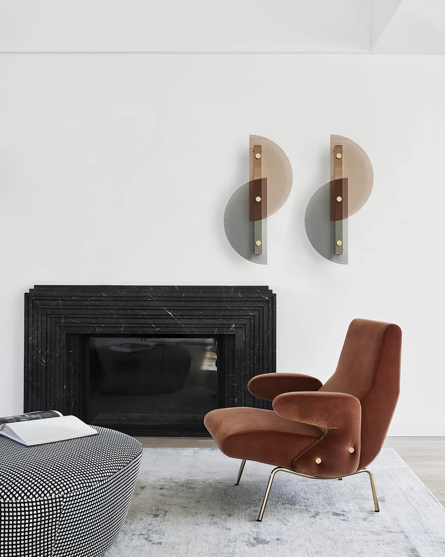 Twin Papillon geometric wall lamps fireplace lounge brass accents luxury minimalist